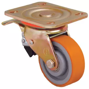 Полиуретановое колесо поворотное с с тормозом VB-200 мм, 900 кг (обод - чугун, шарикоподшипник)